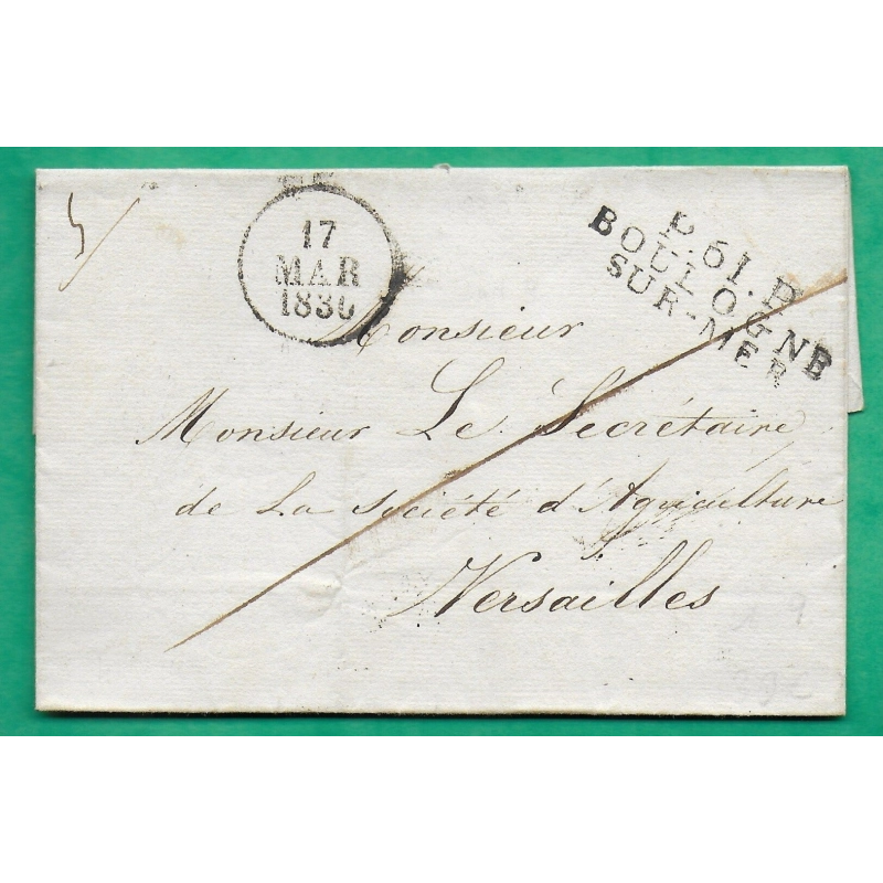 MARQUE P61P BOULOGNE SUR MER PAS DE CALAIS POUR VERSAILLES + GRIFFE BANLIEUE 2ème DISTRIBUTION 42x14 VERSO 1830 FRANCE