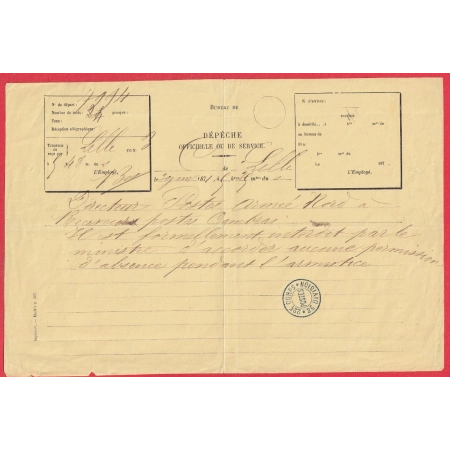 DEPECHE OFFICIELLE PARIS 30 JANVIER 1871 CAD POSTES 22E CORPS 2E DIVISION POUR CAMBRAI NORD ARMISTICE