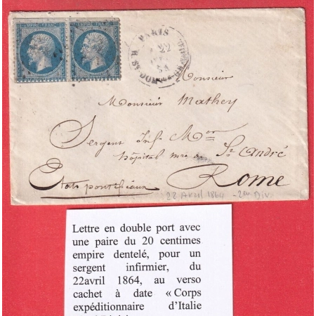 DOUBLE PORT MILITAIRE PARIS HOPITAL MILITAIRE GROS CAILLOU POUR CORPS EXPEDITIONNAIRE ITALIE 2EME DIVISION 1864