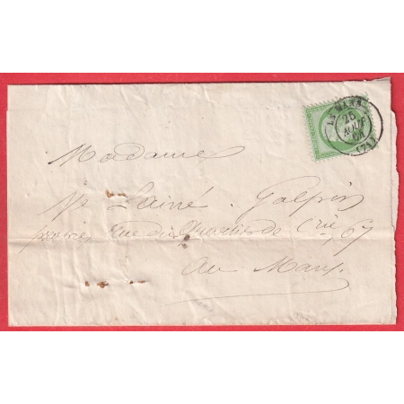 N°20 SEUL SUR LETTRE CAD LE MANS SARTHE 1864 POUR LE MANS PORT LOCAL