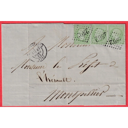 N°35 BANDE DE 3 GC 2502 MONTPELLIER HERAULT TARIF LOCAL POUR MONTPELLIER 19 MARS 1872 SIGNE MAYER AU DOS