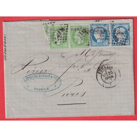 N°35 PAIRE + N°60X2 GC 3218 ROUBAIX NORD 25 AVRIL 1872 POUR PARIS