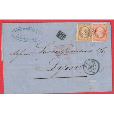 N°13 16 PAQUEBOT POSTE EUPHRATE EN BLEU  OBLITERATION ANCRE POUR LYON SIGNE JAMET