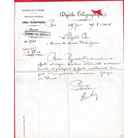 GUERRE 1870 TELEGRAMME PREFET DE POLICE POUR MINISTRE DE LA GUERRE 27 JANV 1871 PROTESTATION AMIRAUX RUE DROUOT