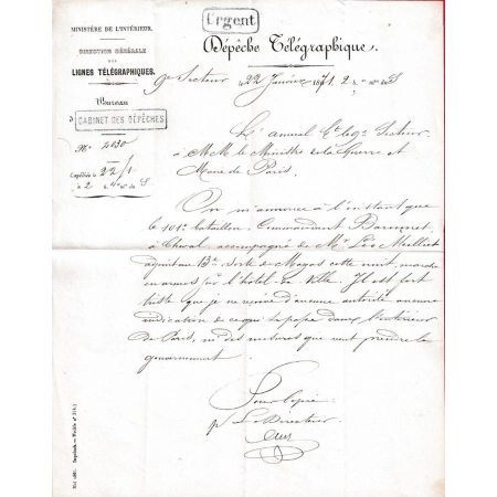 GUERRE 1870 TELEGRAMME 22 JANVIER 1871 AMIRAL CDT 9E SECTEUR POUR MINISTRE DE LA GUERRE MAIRE DE PARIS
