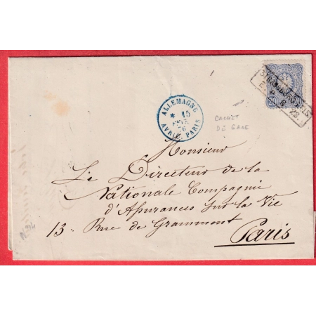 ALSACE LORRAINE CACHET DE GARE DE STRASBOURG BAS RHIN 1876 POUR PARIS