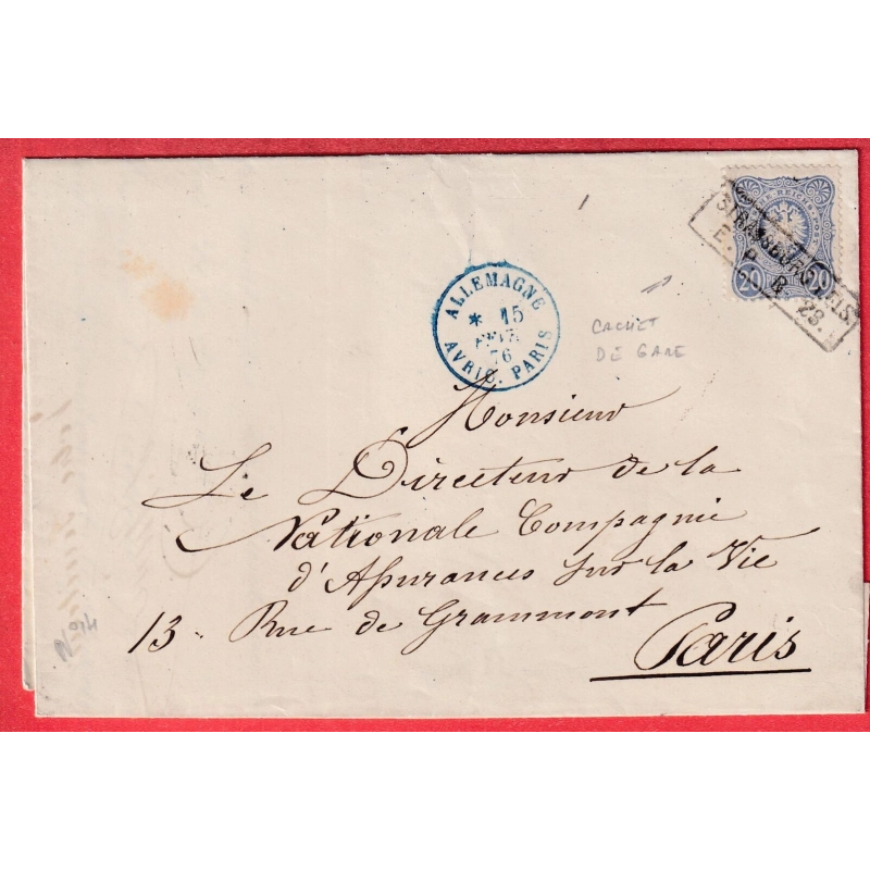 ALSACE LORRAINE CACHET DE GARE DE STRASBOURG BAS RHIN 1876 POUR PARIS