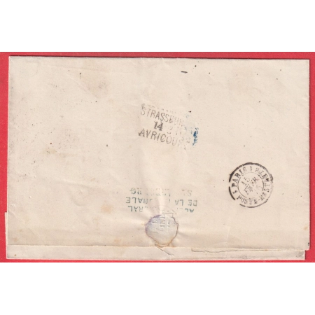 ALSACE LORRAINE CACHET DE GARE DE STRASBOURG BAS RHIN 1876 POUR PARIS