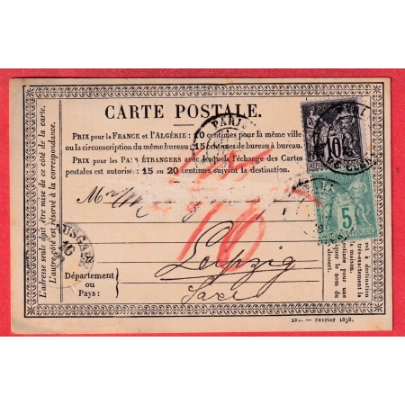 N°75 89 PARIS R DE CLERY 1877 CARTE PRECURSEUR POUR LEIPZIG ALLEMAGNE TAXE ALLEMANDE ??