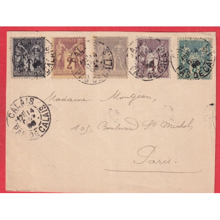 N°83 85 87 88 75 CALAIS PAS DE CALAIS 1896 DEVANT DE LETTRE POUR PARIS