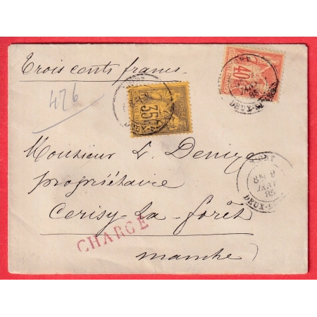 N°93 94 LETTRE CHARGE NIORT DEUX SEVRES POUR CERISY LA FORET MANCHE 1885 AMBULANT ESSAI BORDEAUX PARIS RAPIDE
