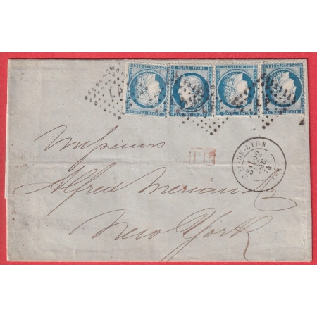 N°60 X4 CAD GARE DE LYON RHONE LOSANGE AMBULANT LP POUR NEW YORK ETATS UNIS USA 1874
