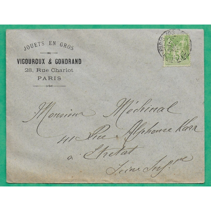 N°106 SAGE TARIF IMPRIME 5C ENVELOPPE PUB JOUETS EN GROS VIGOUROUX GONDRAND PARIS POUR ETRETAT SEINE INFERTIEURE 1900