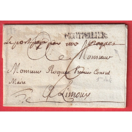 MARQUE MONTPELLIER HERAULT LN°17 MENTION MANUSCRIT PORT PAYE PAR ?? 1782 POUR LIMOUX AUDE