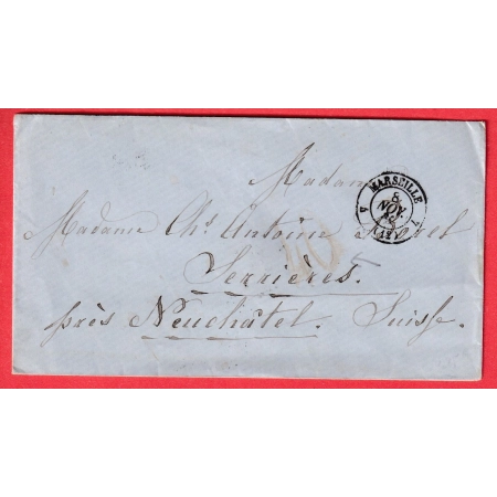 CAD MARSEILLE BOUCHES DU RHONE TAXE TAMPON 40 ROUGE SUISSE NEUFCHATEL VIA GENEVE 1861