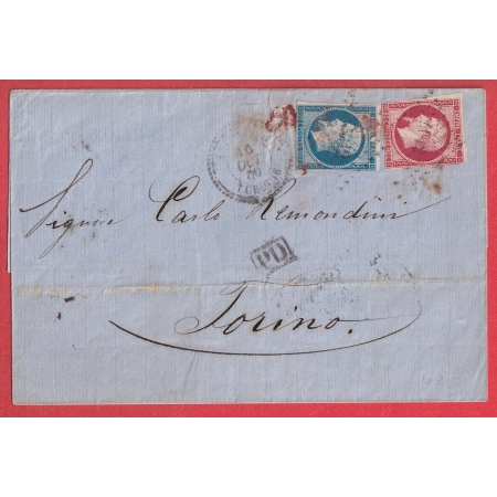 N°14 17 PC 4012 SALONIQUE TYPE 22 TURQUIE TURKEY POUR TURIN TORINO ITALIE ITALIA TRANSIT LES DARDANELLES AU DOS 1860