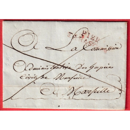 MARQUE P12P TARASCON BOUCHES DU RHONE EN ROUGE POUR MARSEILLE 1808 INDICE 12 TRES BEAU TEXTE EMPIRE HOSPICE MILITAIRE