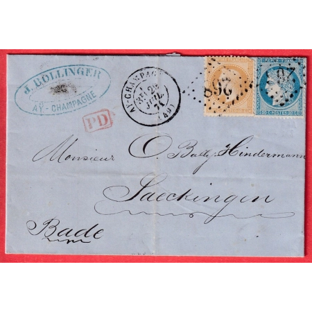 N°28 + 37 RARE COMBINAISON GC 268 AY CHAMPAGNE MARNE 1871 POUR SACKINGEN BADEN ALLEMAGNE