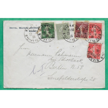 N°159 + 189 + 194 x2 + 198 BEL AFFRANCHISSEMENT SEMEUSE HOTEL MAISON CARREE BIARRITZ POUR BERLIN ALLEMAGNE DEUTSCHLAND