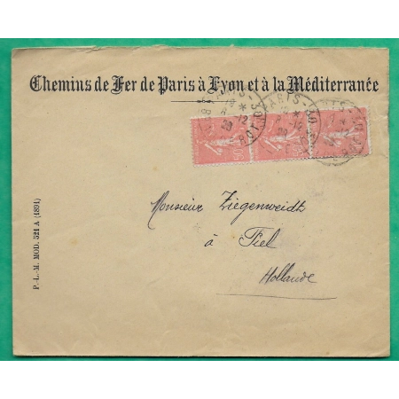 N°199 x3 SEMEUSE ENVELOPPE CHEMINS DE FER PARIS A LYON MEDITERRANEE POUR TIEL HOLLANDE HOLLAND 1928 COVER FRANCE