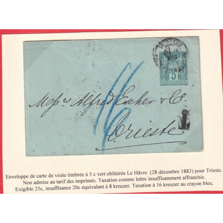 ENTIER SAGE 5C VERT LE HAVRE 1883 TAXE AU CRAYON BLEU 16 KREUZER POUR TRIEST AUTRICHE AUSTRIA ITALIE ITALIA