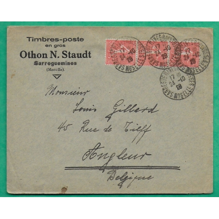 N°199 x3 SEMEUSE ENVELOPPE PUB TIMBRES POSTE EN GROS OTHON STAUDT SARREGUEMINES MOSELLE POUR ANGLEUR BELGIQUE 1928
