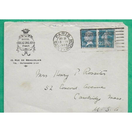N°140 + 179 MIXTE SEMEUSE PASTEUR TARIF 1F25 ENVELOPPE PARIS HOTEL BEAUJOLAIS POUR CAMBRIDGE ETATS UNIS USA 1926 FRANCE