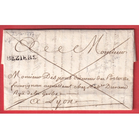 MARQUE BEZIERS HERAULT 1777 LN°4 EN FRANCHISE DIRECTEUR DES POSTES POUR LYON