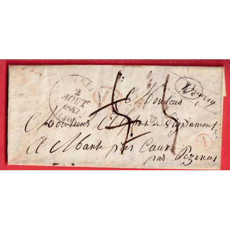 CAD TYPE 13 MURET HAUTE GARONNE DECIME RURAL ROUGE ET NOIR REEXPEDITION TAXE 5  DEUX FOIS BOITE RURALE ROUGE A 1842