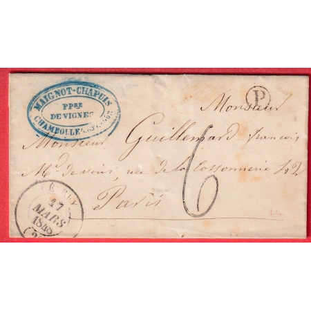 CAD TYPE 14 GEVREY COTE D'OR BOITE RURALE P CHAMBOLLE TAXE TAMPON 6 POUR PARIS THEME VIN ALCOOL