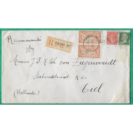 N°145 x2 + 174 + 199 MIXTE MERSON PASTEUR SEMEUSE RECOMMANDE PARIS POUR TIEL HOLLANDE HOLLAND 1926 LETTRE COVER FRANCE