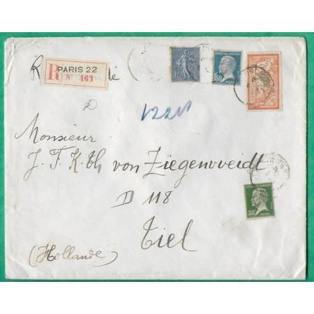 N°145 + 174 + 181 + 205 MIXTE MERSON PASTEUR SEMEUSE RECOMMANDE PARIS POUR TIEL HOLLAND HOLLAND LETTRE COVER FRANCE