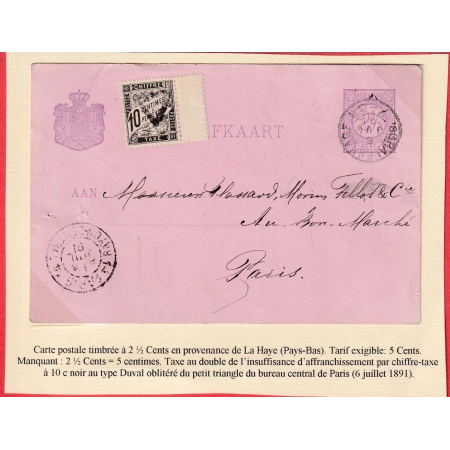 ENTIER PAYS BAS HOLLANDE LA HAYE 1891 TAXE TYPE DUVAL 10C NOIR  PARIS BUREAU CENTRAL GRAVENHAGE