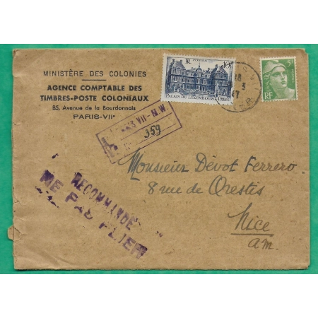 N°719 + 760 MARIANNE GANDON PALAIS LUXEMBOURG RECOMMANDE PROVISOIRE MINISTERE DES COLONIES PARIS POUR NICE 1947 FRANCE