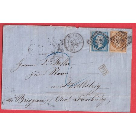 N°13 14 PC 2199 MULHOUSE TAXE 2 BLEUE POUR HOELLSTEIG BRISGAU ALLEMAGNE 1865 TRANSIT BALE SUISSE
