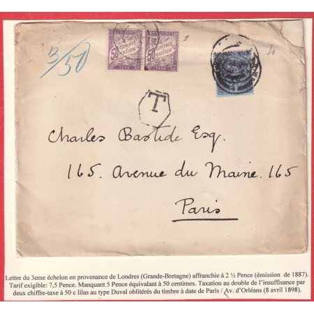 ANGLETERRE TIMBRE 2 1/2 PENCE 1898 LONDRES LONDON TAXE TYPE DUVAL 50C LILAS PAIRE PARIS AV ORLEANS