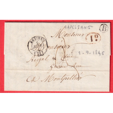 CAD TYPE 15 BEZIERS HERAULT BOITE RURALE B CAPESTANG + DECIME RURAL 1846 MONTPELLIER