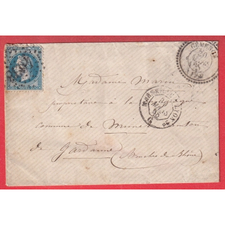 BELLE CURIOSTE N° 29 GC 4638 GEMENOS + OCTOGONE ML AMBULANT DE JOUR MARSEILLE A LYON 1868 POUR GARDANNE