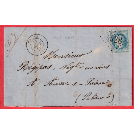 N°29 GC 4428 GRANS BOUCHES DU RHONE RARE AVEC LE CAD TYPE 15 POUR ANSE SUR SAONE RHONE 1869 ETIQUETTE PUB