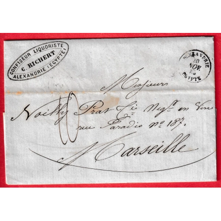 CAD TYPE 15 ALEXANDRIE EGYPTE BFE 1855 POUR MARSEILLE TAXE 10 MANUSCRIT