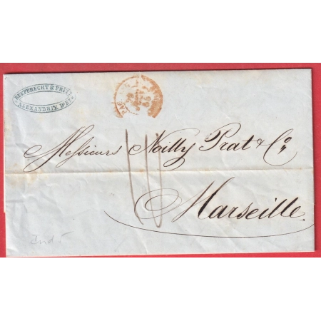 ALEXANDRIE EGYPTE VOIE ANGLAISE BFE 1855 POUR MARSEILLE TAXE 10 MANUSCRIT ANGLETERRE