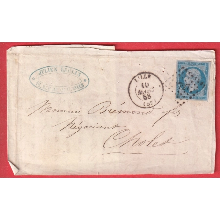 N°14 BLEU SUR LILAS TYPE 1 LILLE 1858 POUR CHOLET DEVANT DE LETTRE AVEC RABAT