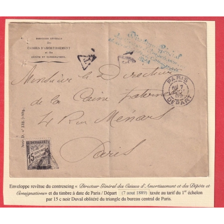 FRANCHISE TAXEE DIR . GEN . CAISSE AMORTISSEMENT TAXE 15C NOIR TYPE DUVAL PARIS BUREAU CENTRAL 1889