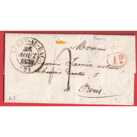 CAD TYPE 13 BERRY AU BAC AISNE BOITE RURALE P ROUCY DECIME RURAL TAXE 4 POUR PARIS 1838