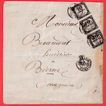 TAXE N°2A BANDE DE TROIS CAD CHATEAU GONTIER MAYENNE POUR BIERNE TYPE 22 AU DOS TRIPLE PORT