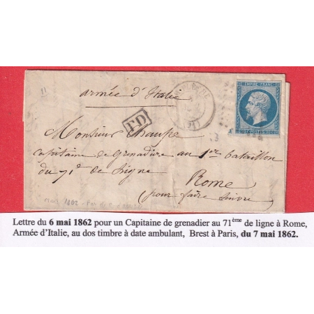 N°14 TARIF MILITAIRE LA FLECHE SARTHE POUR CORPS EXPEDITIONNAIRE ITALIE ROME 1862