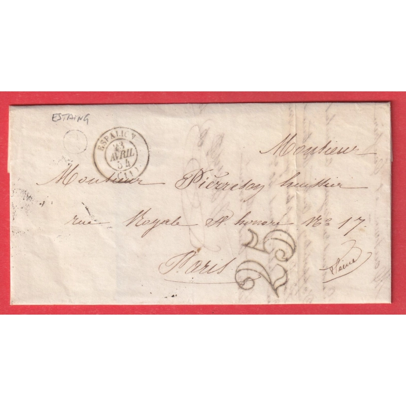 CAD TYPE 15 ESPALION AVEYRON BOITE RURALE A ESTAIMG TAXE TAMPON 25 POUR PARIS 1854