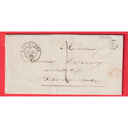 CAD TYPE 15 BAR SUR AUBE BOITE RURALE S BAYEL TAXE LOCALE 1 CL ROUGE 1858 POUR BAR SUR AUBE