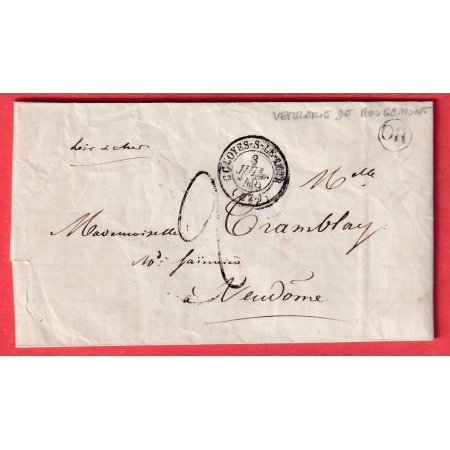 CAD TYPE 15 CLOYES SUR LE LOIR TAXE TAMPON 2 OR VERRERIE DE ROUGEMONT EURE ET LOIR POUR VENDOME 1849