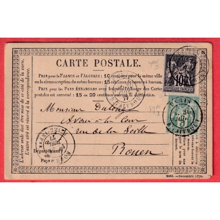 N°65 + 89 PARIS R TAITBOUT 1877 POUR ROUEN SEINE INFERIEURE CARTE PRECUSEUR